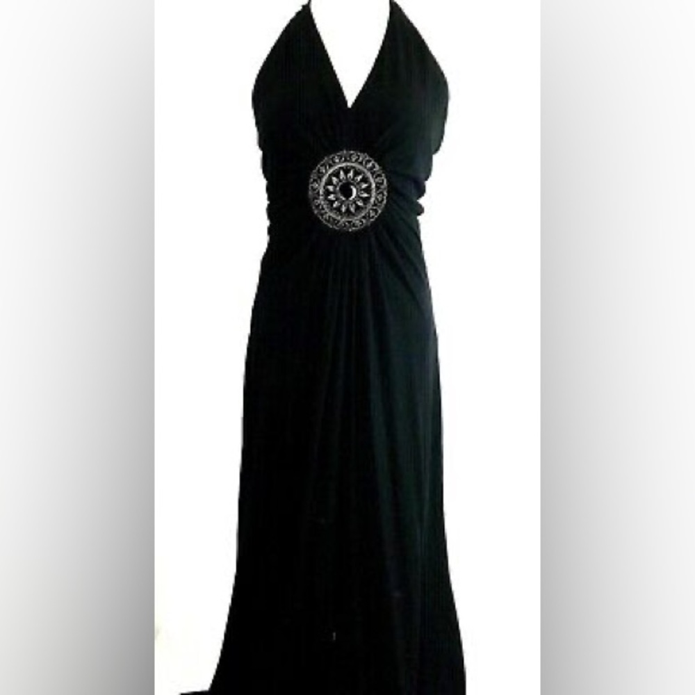 Vintage Joseph Ribkoff Ruched  Neckline Heavy Medallion Maxi Dress Size 8